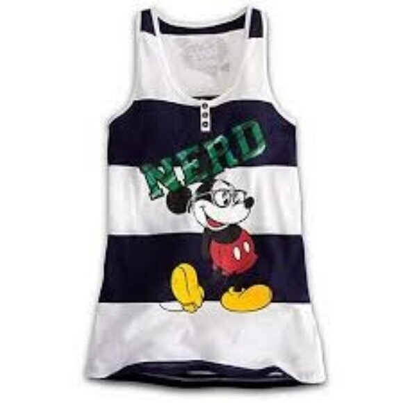 DISNEY PARKS Womens Tank‎ Top XSmall Mickey Mouse Striped I Love Nerds! Retro - Picture 1 of 6